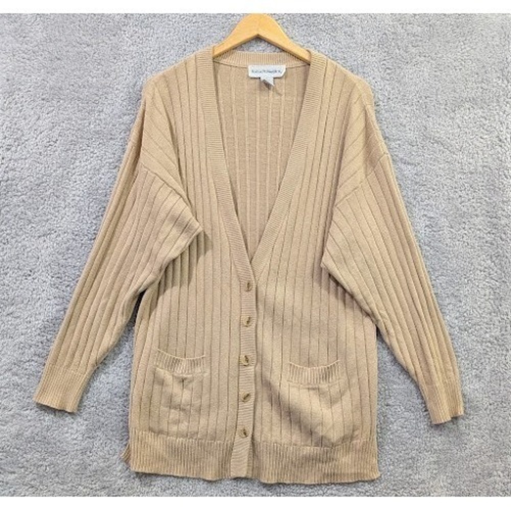 Norton McNaughton Cardigan Large Tan Ribbed Knit V-Neck‎ Button Front Pocket